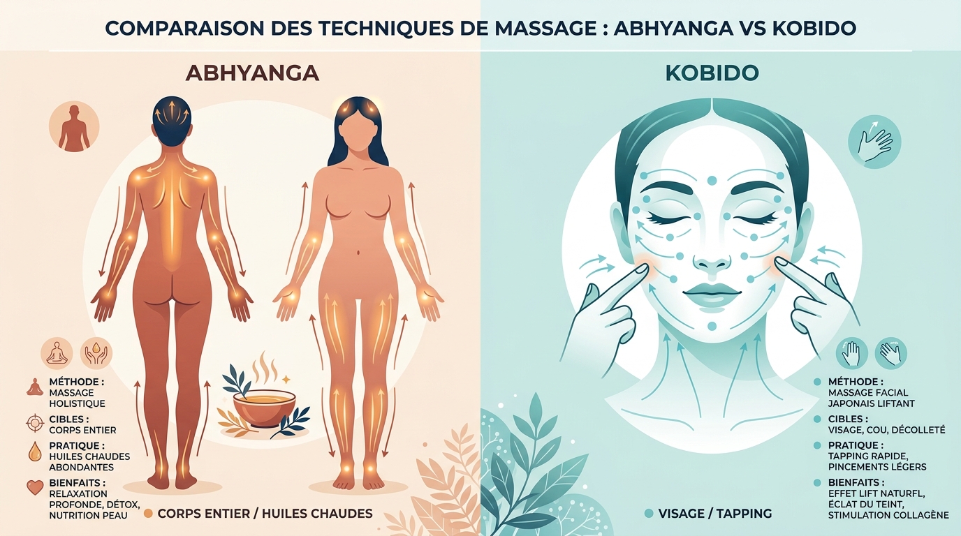 Schéma comparaison zones massage Abhyanga corps et Kobido visage