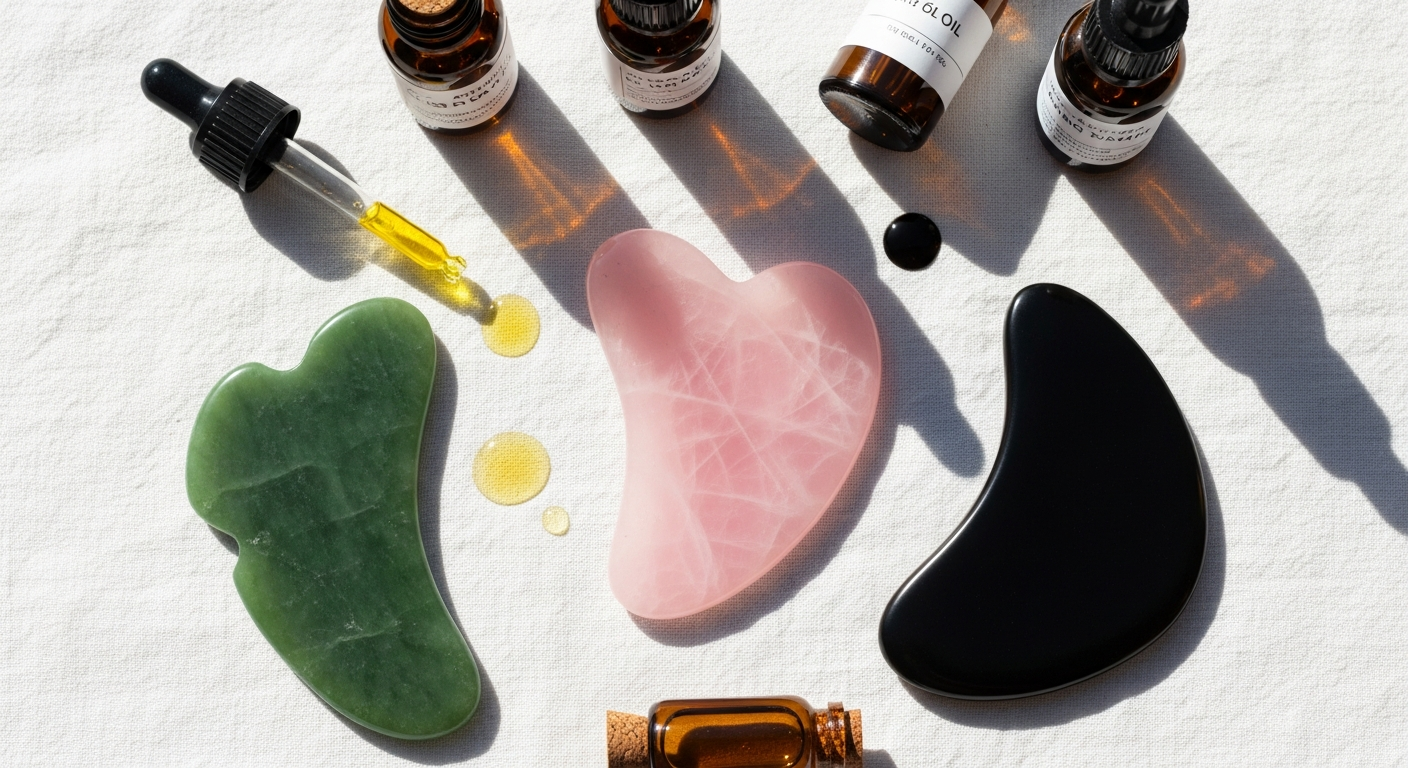 Comparaison trois formes Gua Sha quartz jade obsidienne