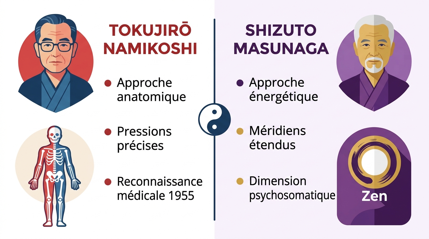 Comparaison visuelle écoles shiatsu Namikoshi anatomique et Masunaga énergétique