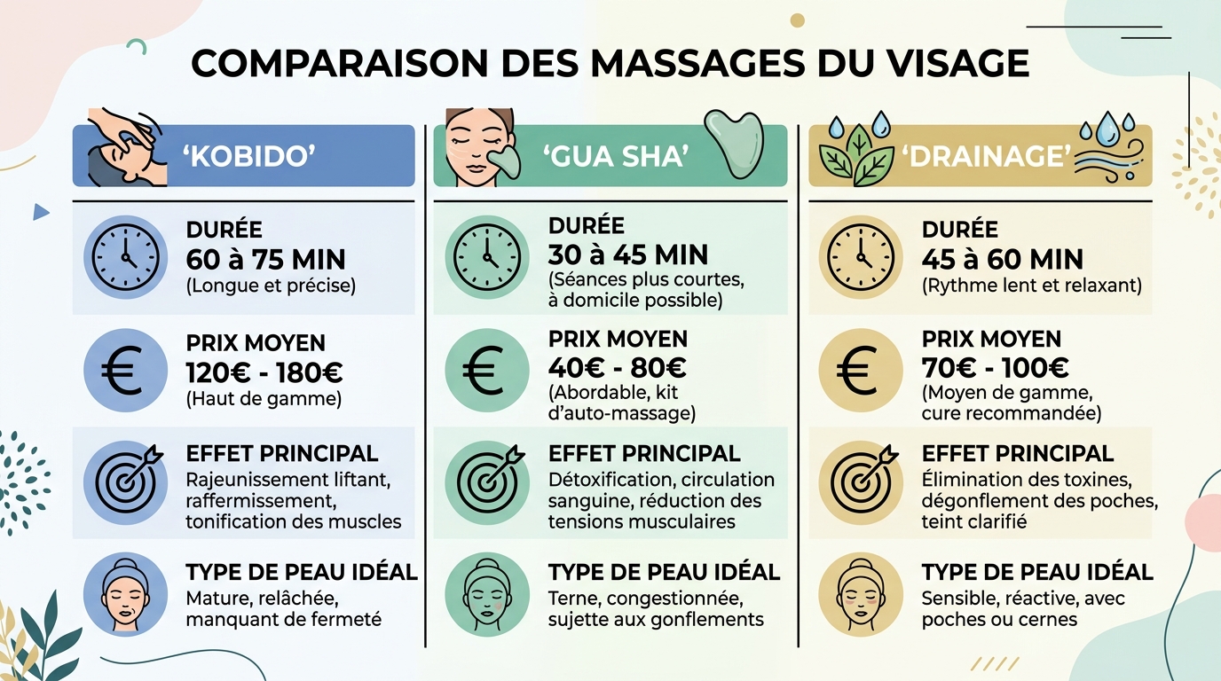 Tableau comparatif visuel Kobido versus Gua Sha et drainage lymphatique