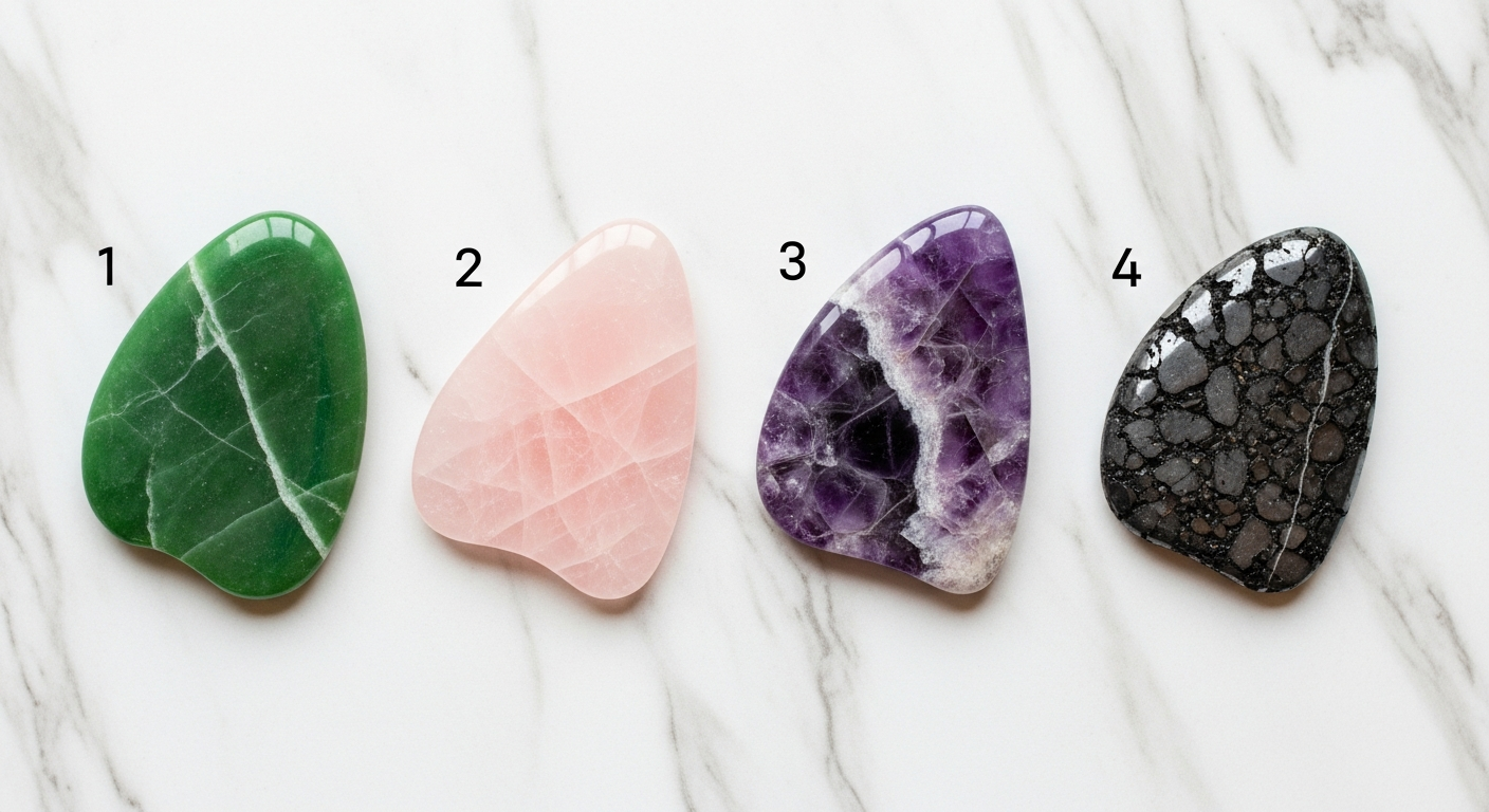 Comparatif visuel gua sha jade quartz rose améthyste obsidienne