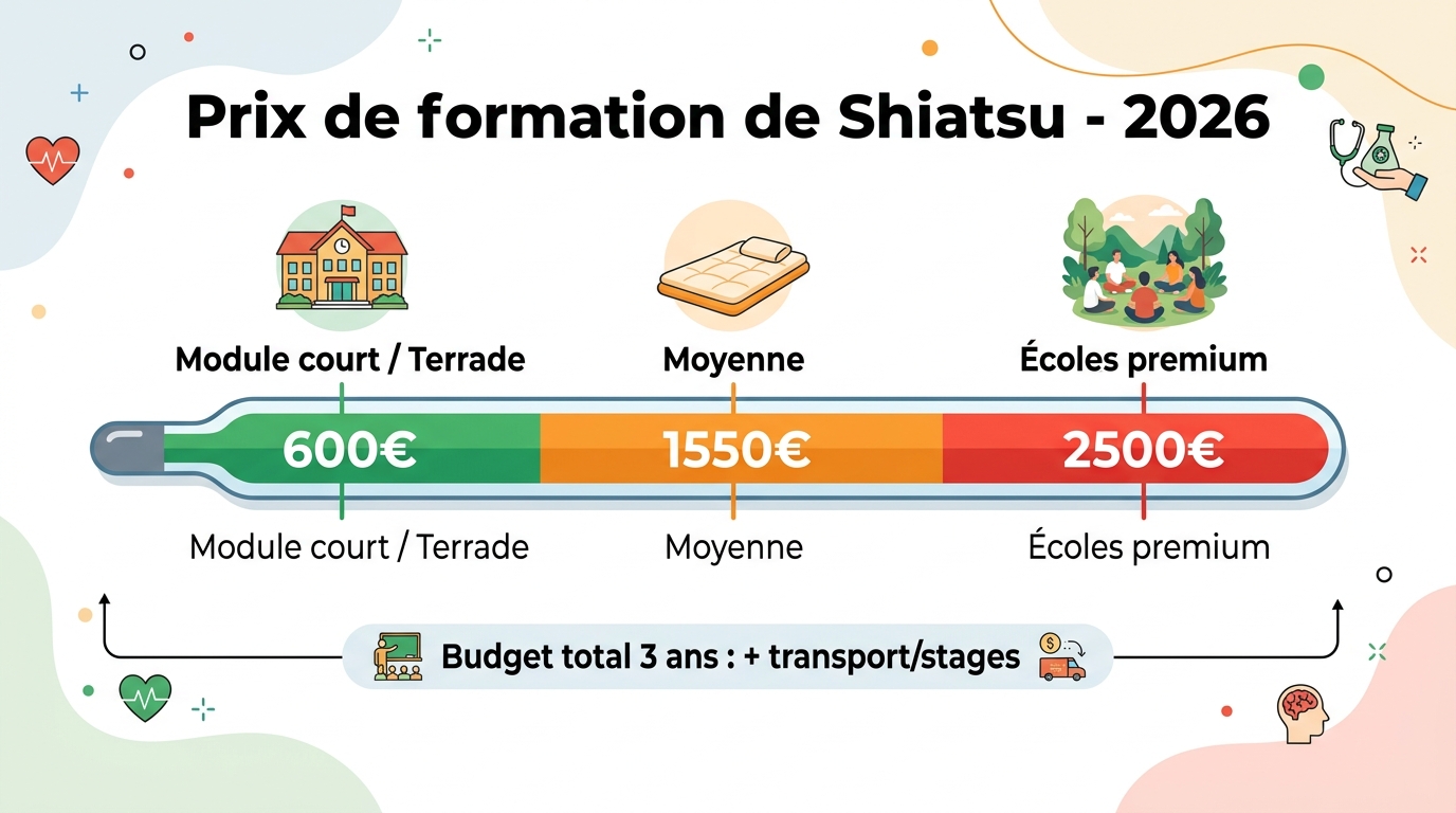 Échelle comparatif prix formation shiatsu 2026 de 600 à 2500 euros