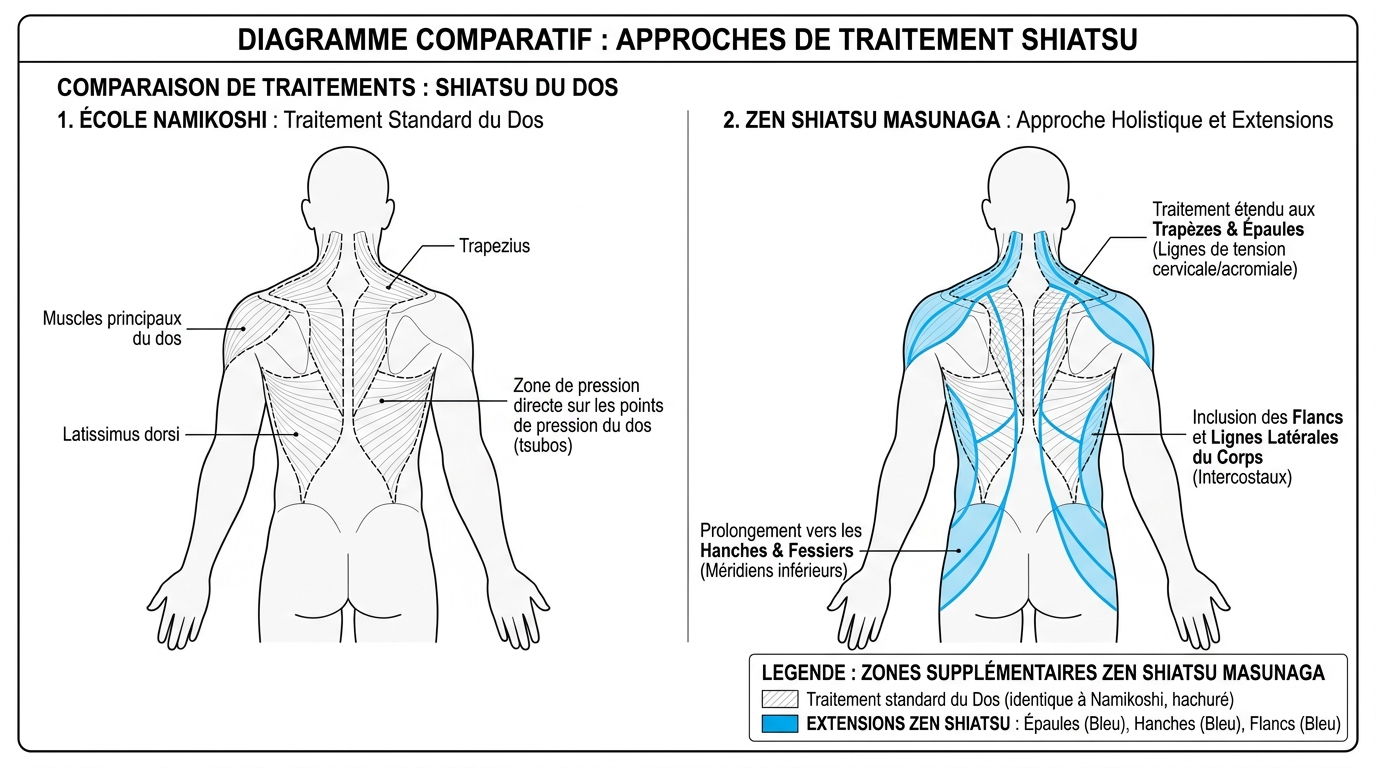 Comparatif schémas méridien shiatsu Namikoshi versus Masunaga Zen Shiatsu