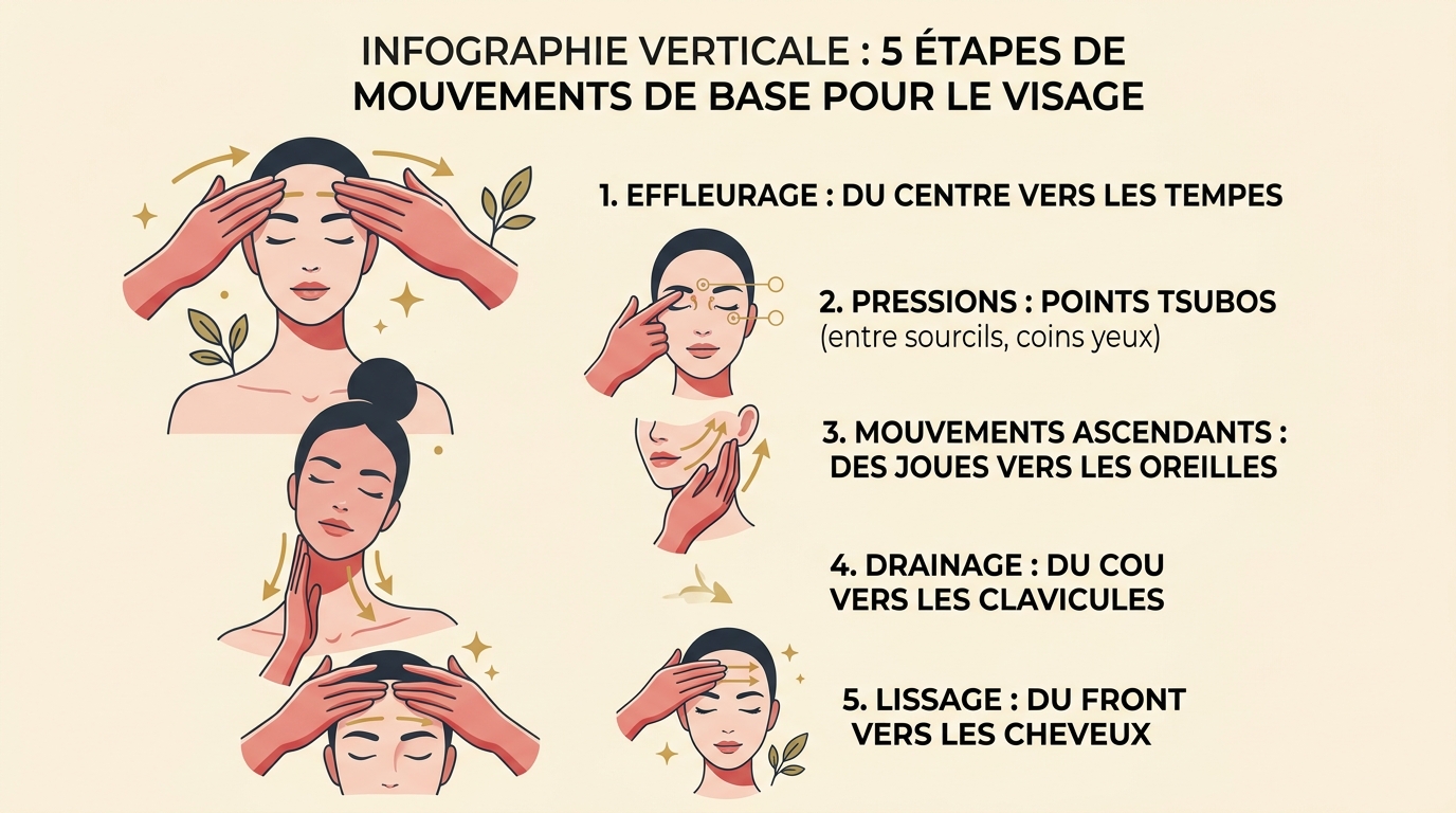 Infographie 5 gestes massage visage technique auto-massage
