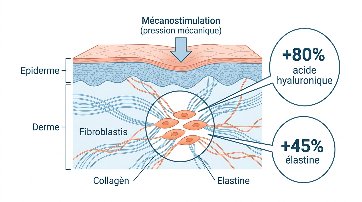 Schéma mécano-stimulation peau fibroblastes collagène massage visage