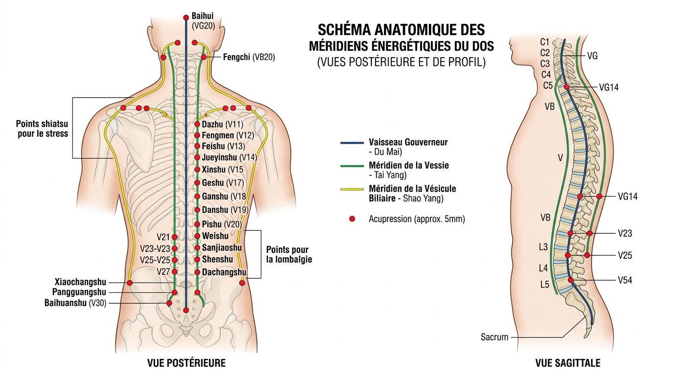 Schéma des méridiens énergétiques du dos et points d'acupression shiatsu