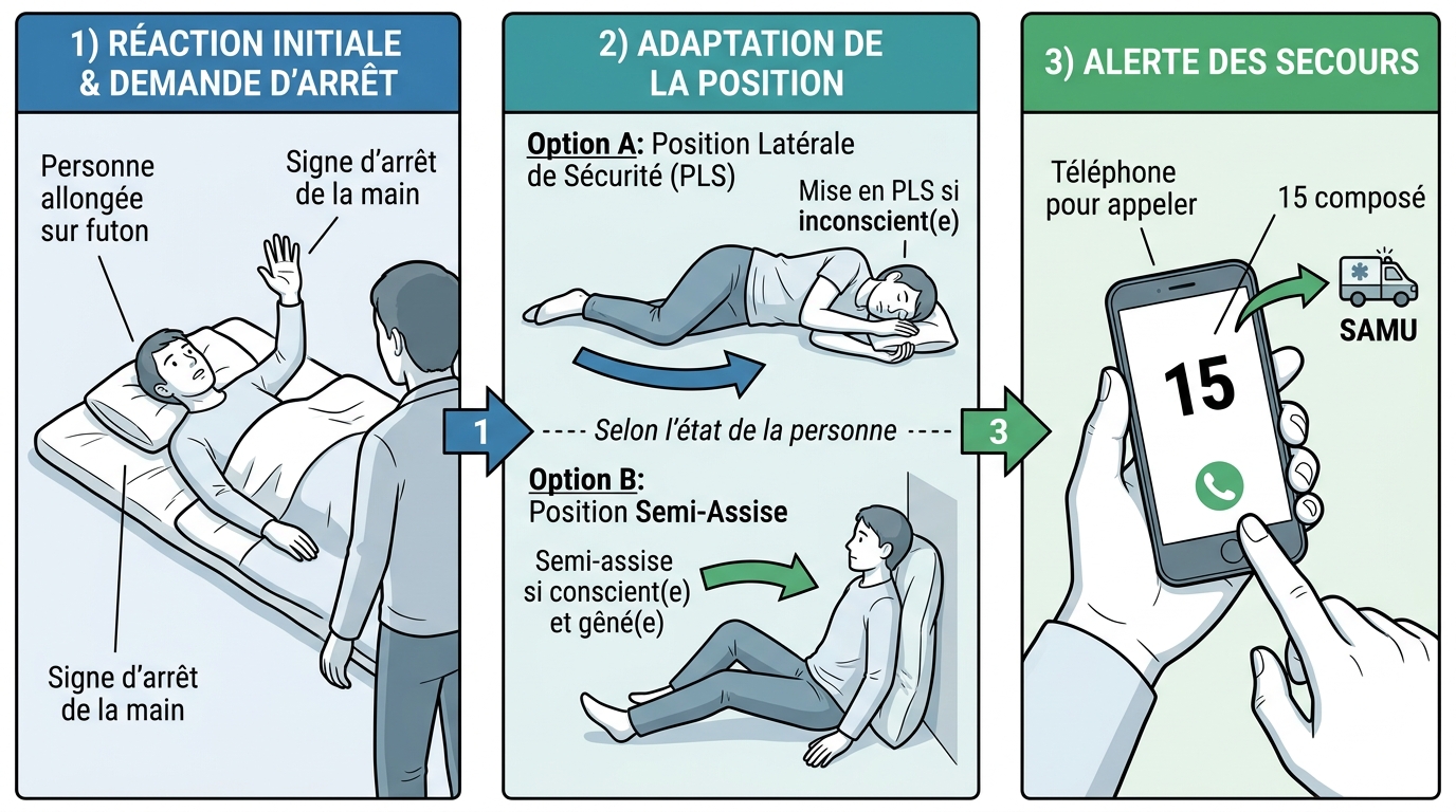 Protocole urgence shiatsu 3 étapes arrêt position appel secours