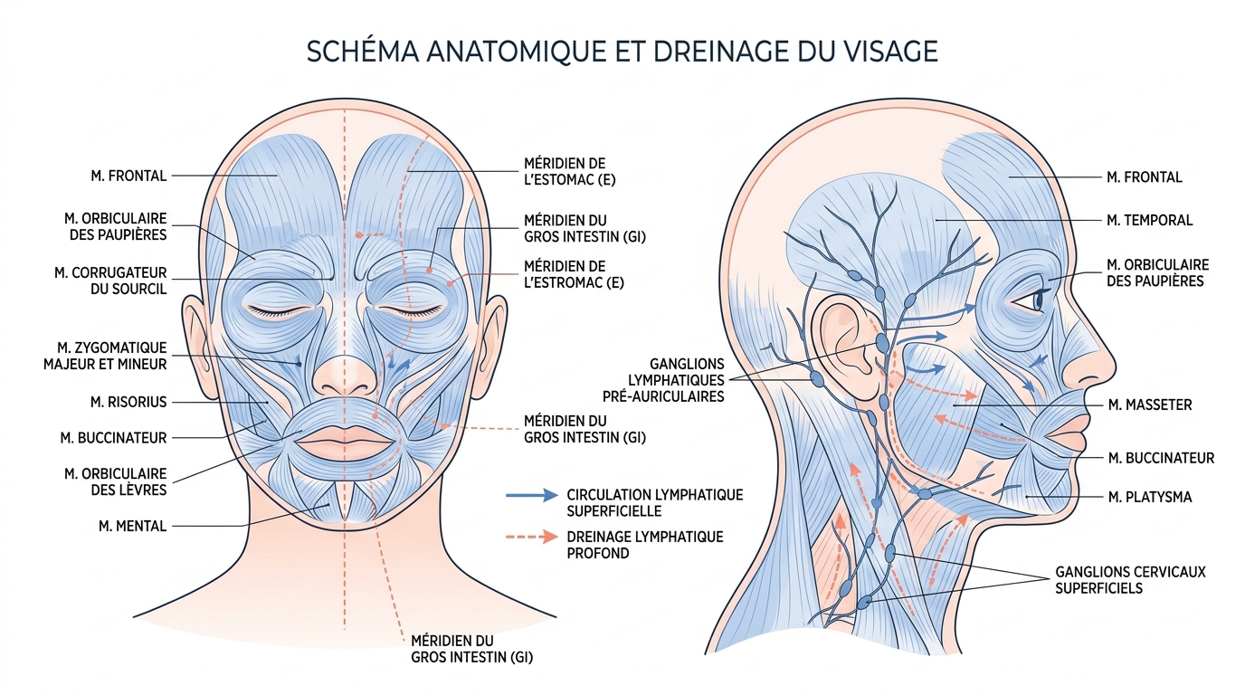 Schéma anatomique muscles peauciers visage et méridiens Kobido