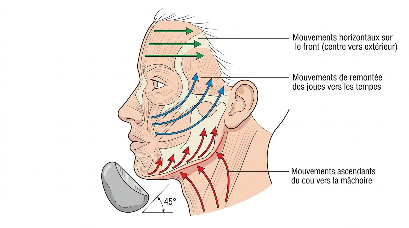 Schéma directions massage Gua Sha visage angle 45 degrés