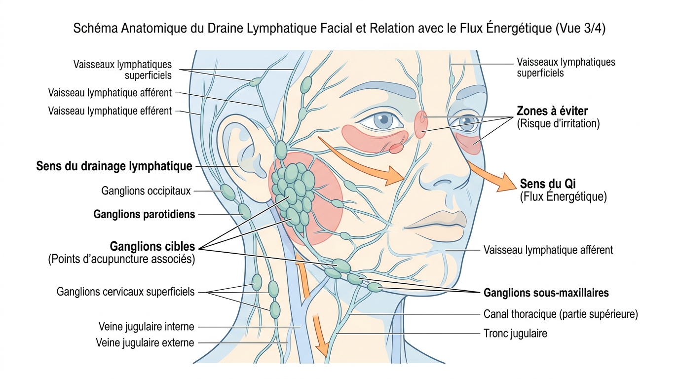 Schéma drainage lymphatique facial pour massage gua sha