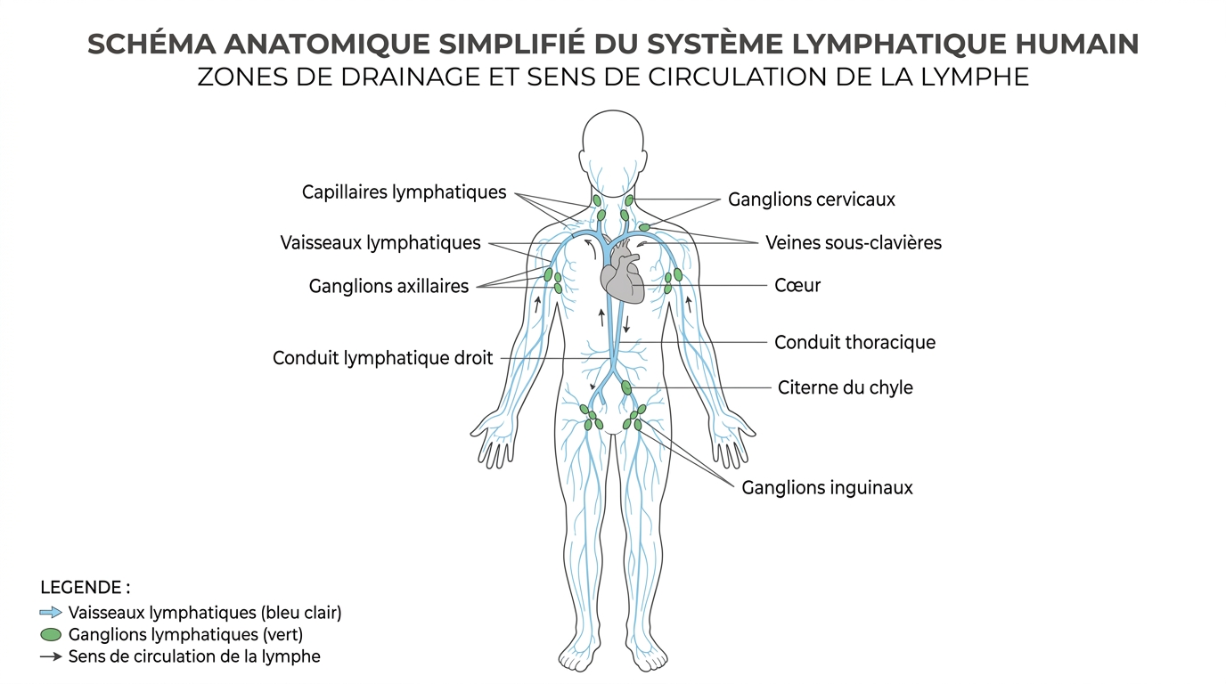 Schéma du système lymphatique et circulation de la lymphe