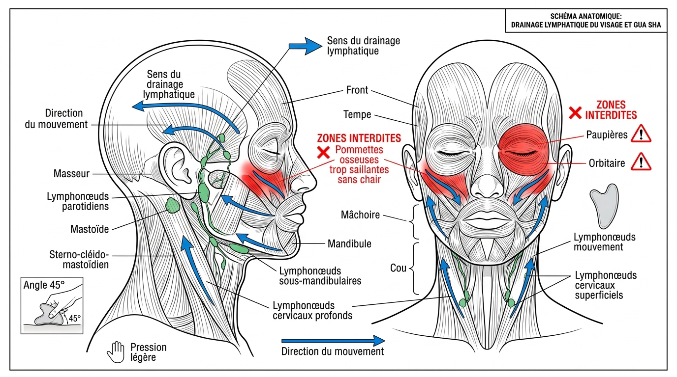Schéma technique utilisation gua sha visage angles et directions