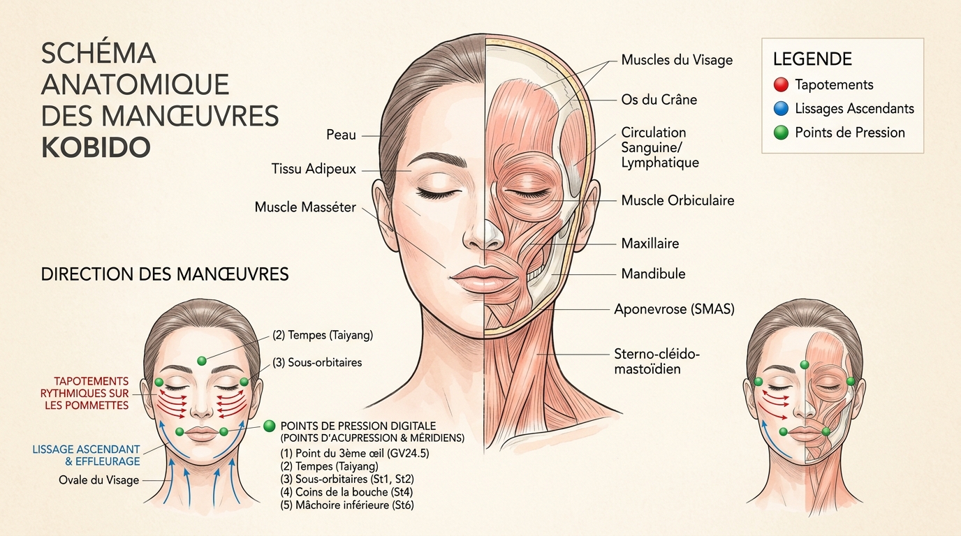 Schéma des techniques de massage japonais du visage Kobido sur les méridiens