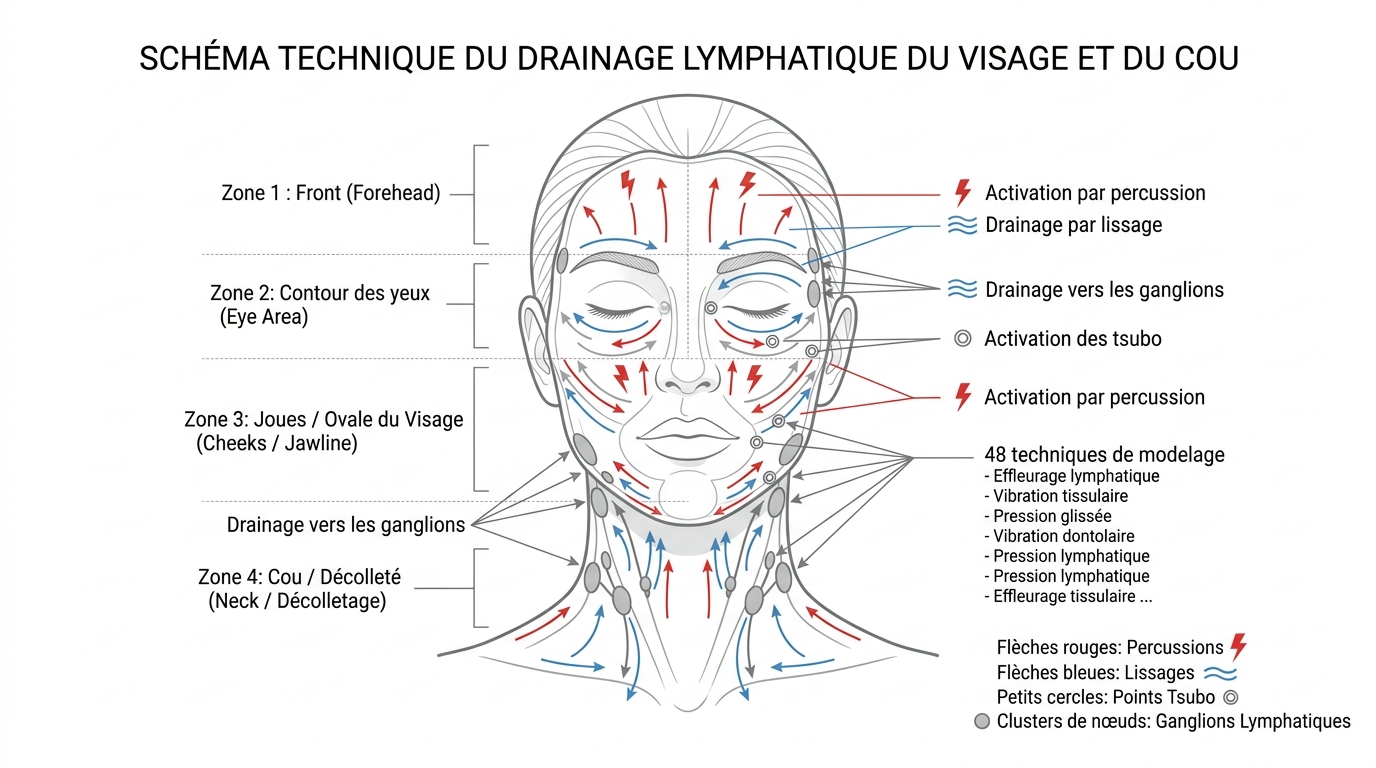 Schéma des 48 techniques massage Kobido sur zones du visage