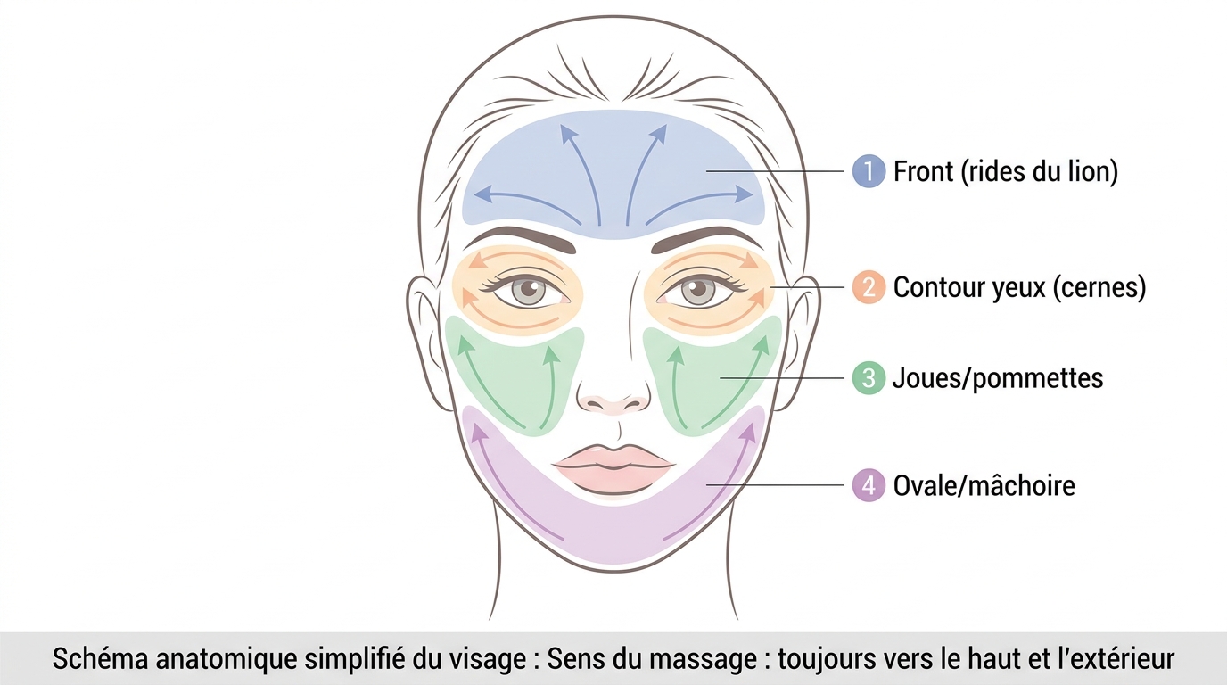 Schéma des zones massage visage avec flèches mouvements vers le haut