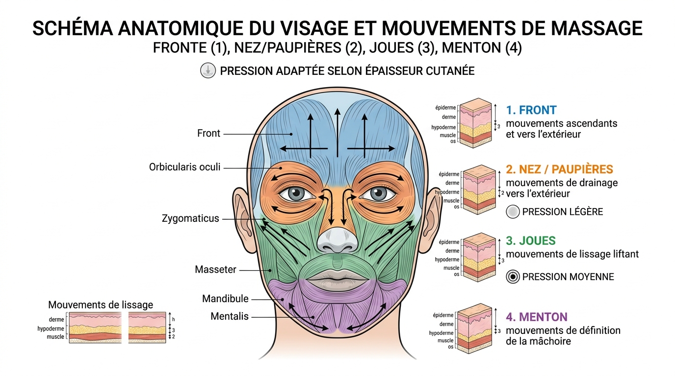 Schéma des zones du visage pour massage cicatrice avec indications de pression