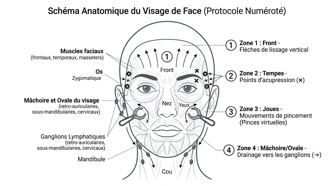 Schéma des 4 zones du massage kobido avec points d'acupression et sens des gestes