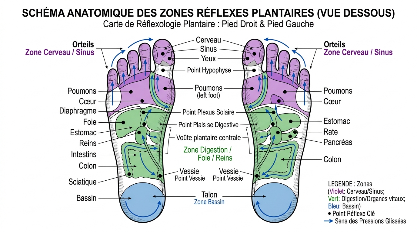 Schéma zones réflexes plantaires avec annotations des organes correspondants