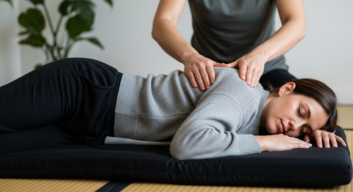 Séance shiatsu futon au sol patient habillé praticien dos