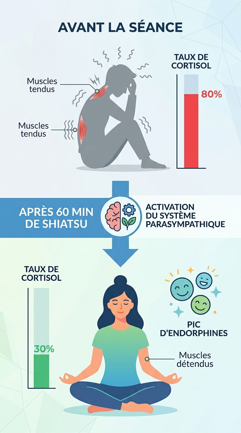 Infographie mécanismes biologiques shiatsu cortisol endorphines