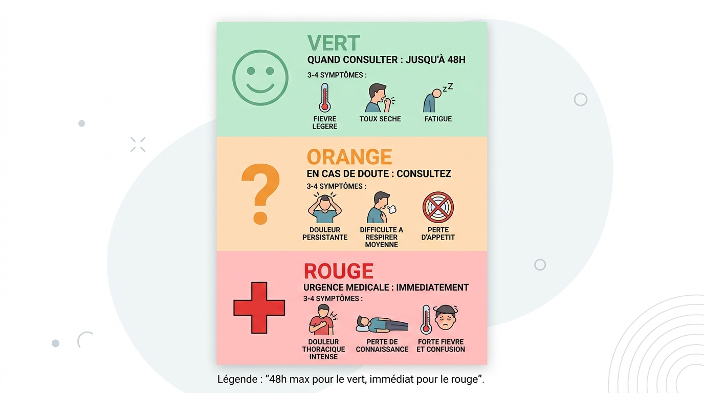 Tableau infographie symptômes shiatsu codes couleur vert orange rouge