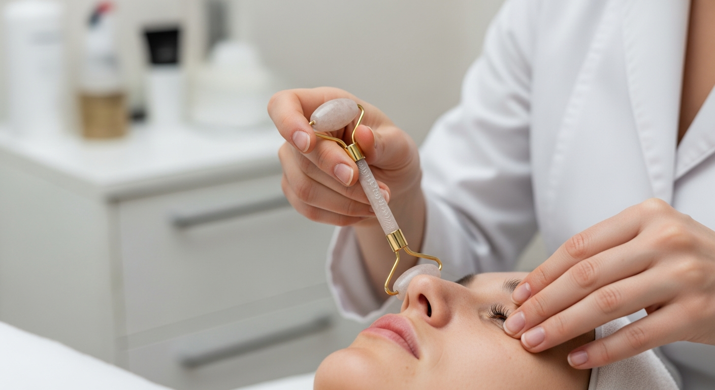Praticienne utilisant ridoki quartz massage facial Kobido technique