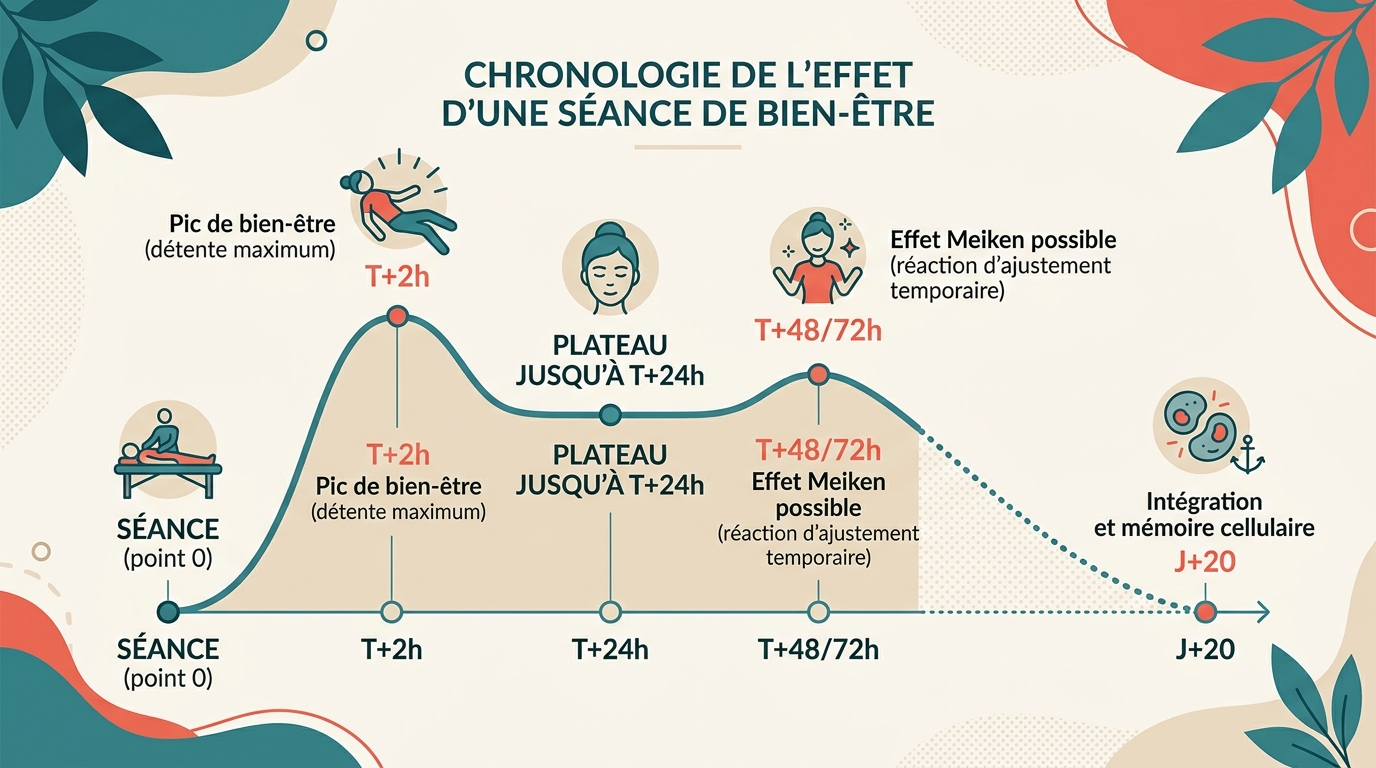 Timeline infographie effets shiatsu 72 heures 20 jours