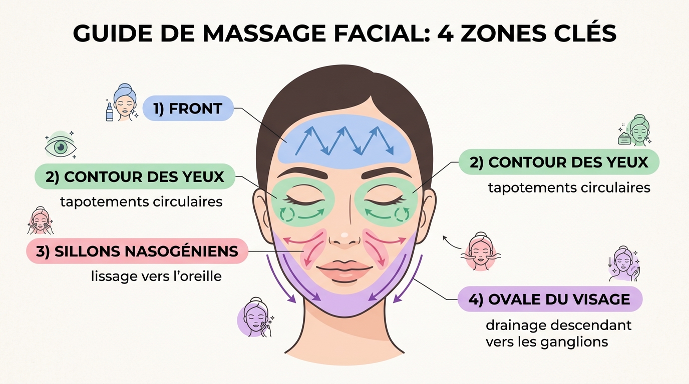 Infographie zones massage visage anti rides gestes directionnels