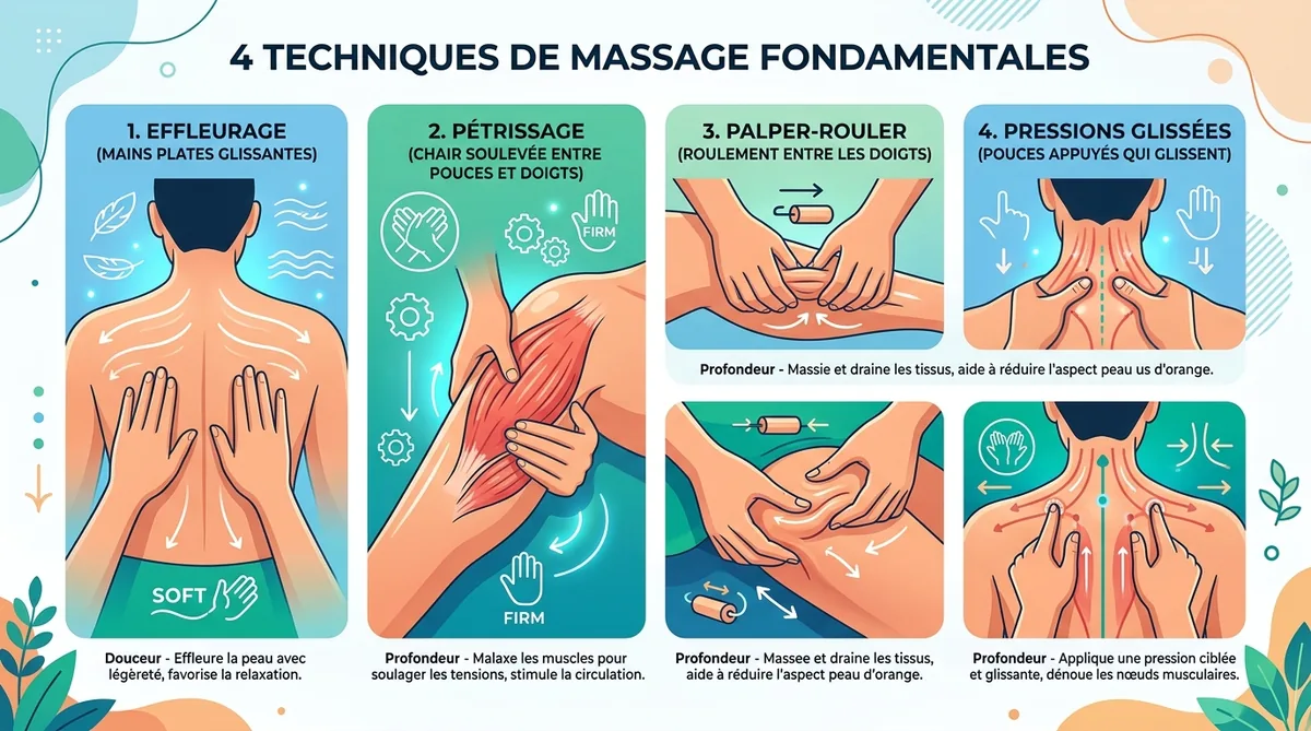 Infographie 4 techniques massage effleurage pétrissage palper-rouler pressions