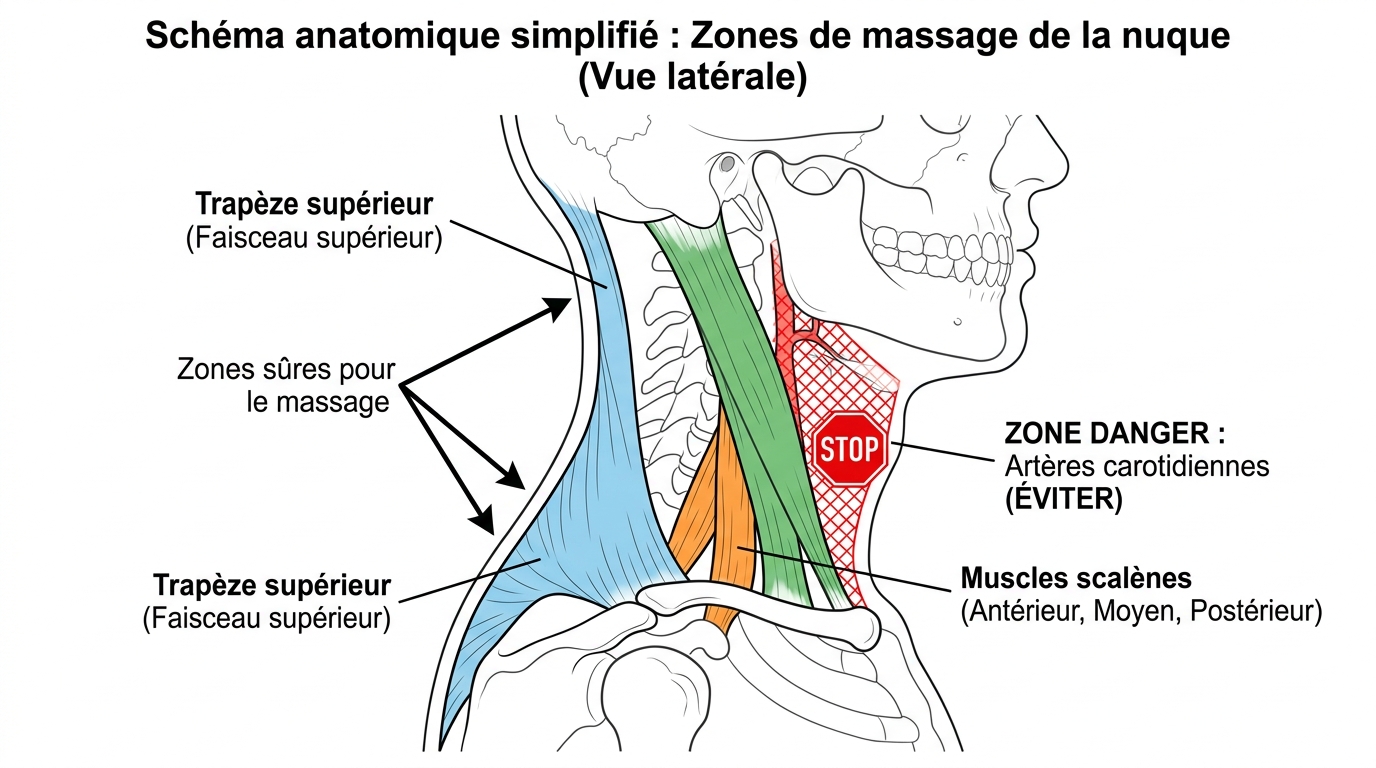 Schéma anatomique muscles cervicaux et zones de danger à éviter