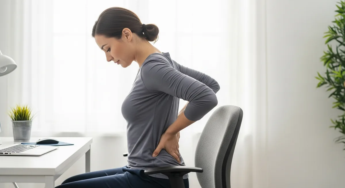 Femme se massant les lombaires seule au bureau en position assise