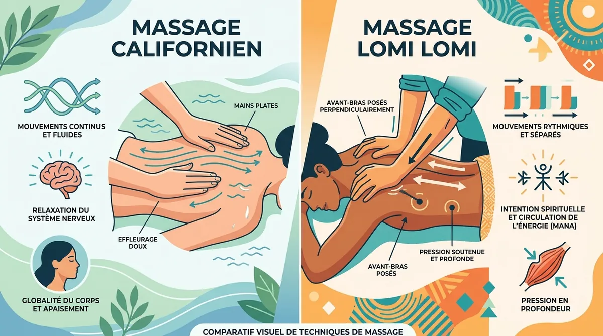 Comparaison visuelle techniques massage Lomi Lomi vs Californien