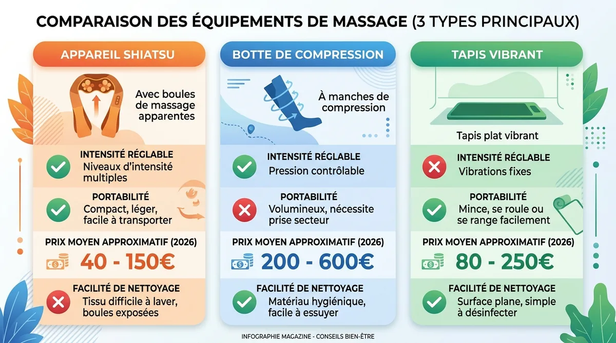 Comparatif visuel trois types appareils massage pieds électriques