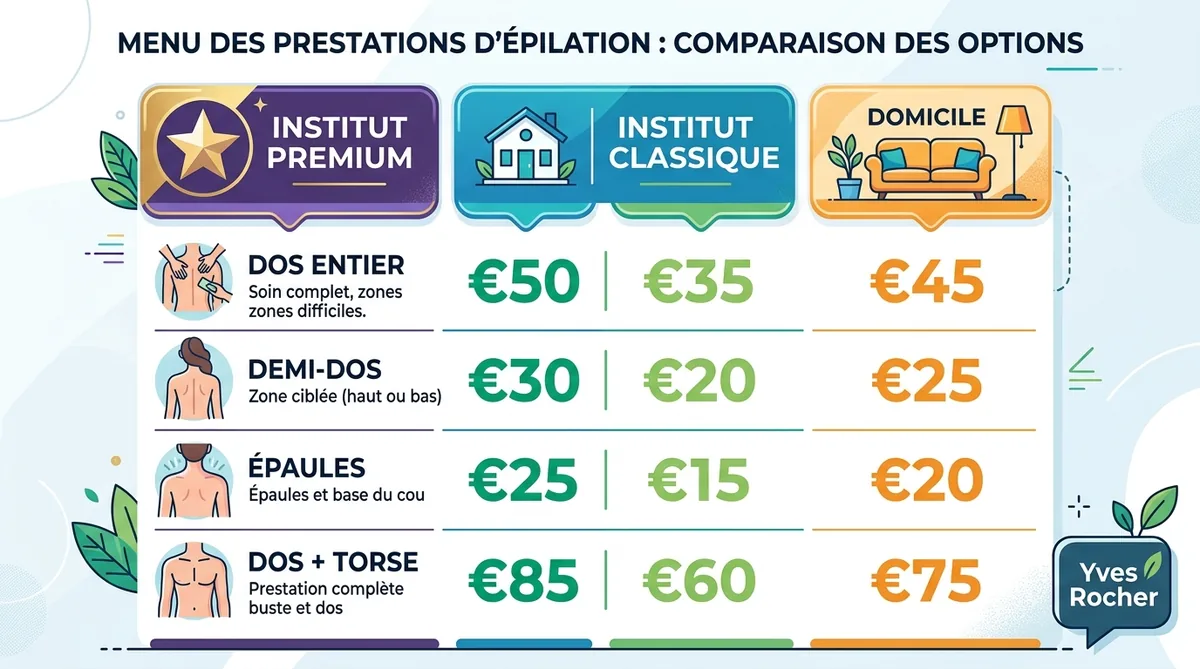 Tableau comparatif prix épilation dos homme cire institut et domicile 2026