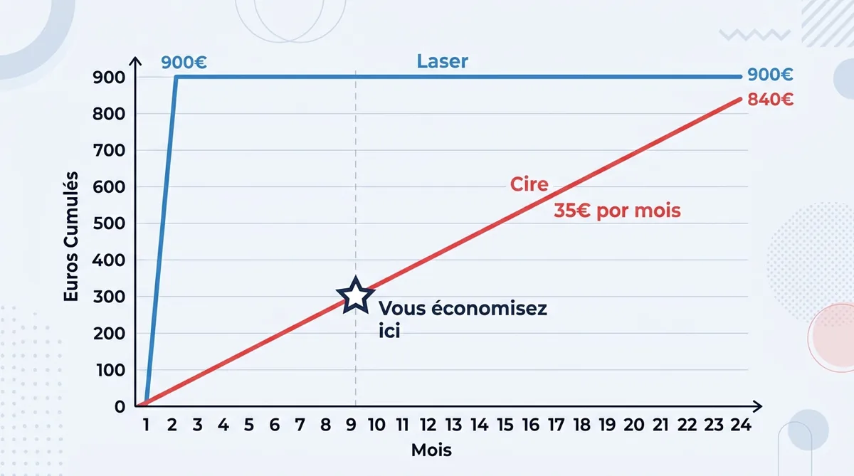 Graphique comparatif coût épilation cire vs laser sur 2 ans ROI
