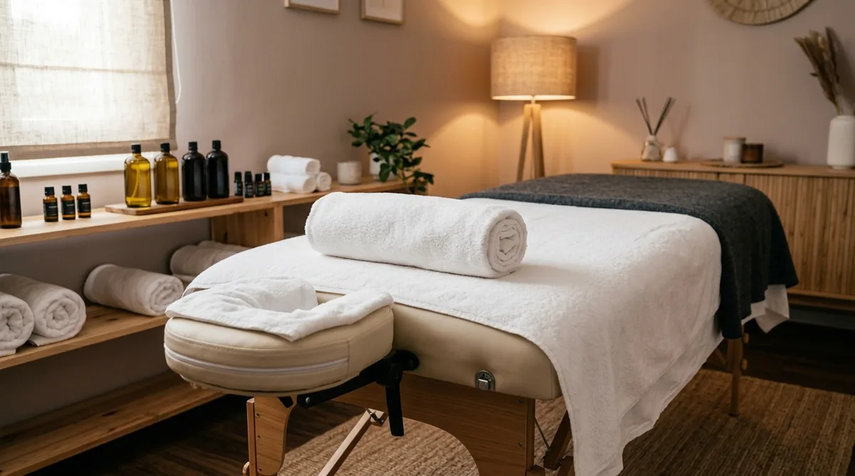 Table de massage professionnelle préparée pour séance huiles végétales
