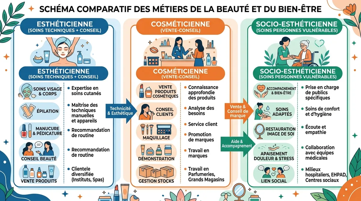 Schéma différenciation esthéticienne cosméticienne socio-esthéticienne