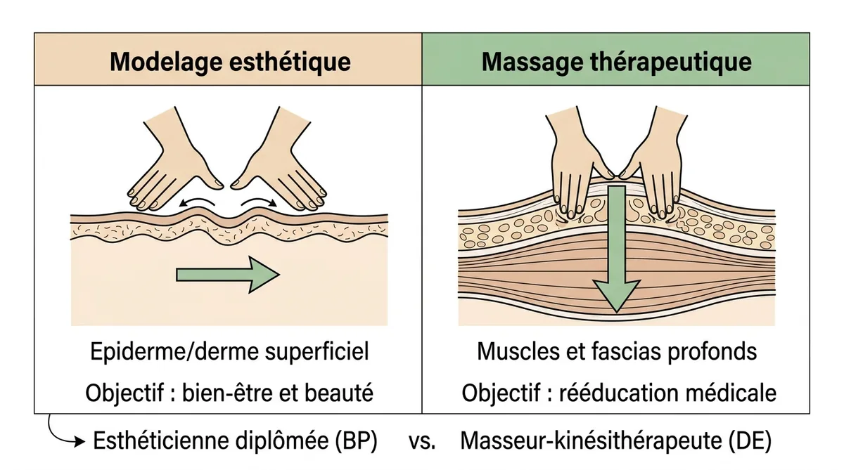 Schéma différence modelage esthétique superficiel et massage thérapeutique profond