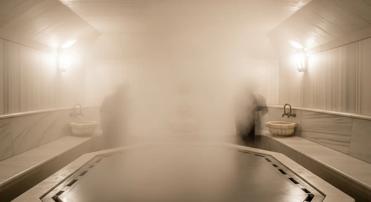 Intérieur d'un hammam traditionnel avec bancs en marbre et vapeur