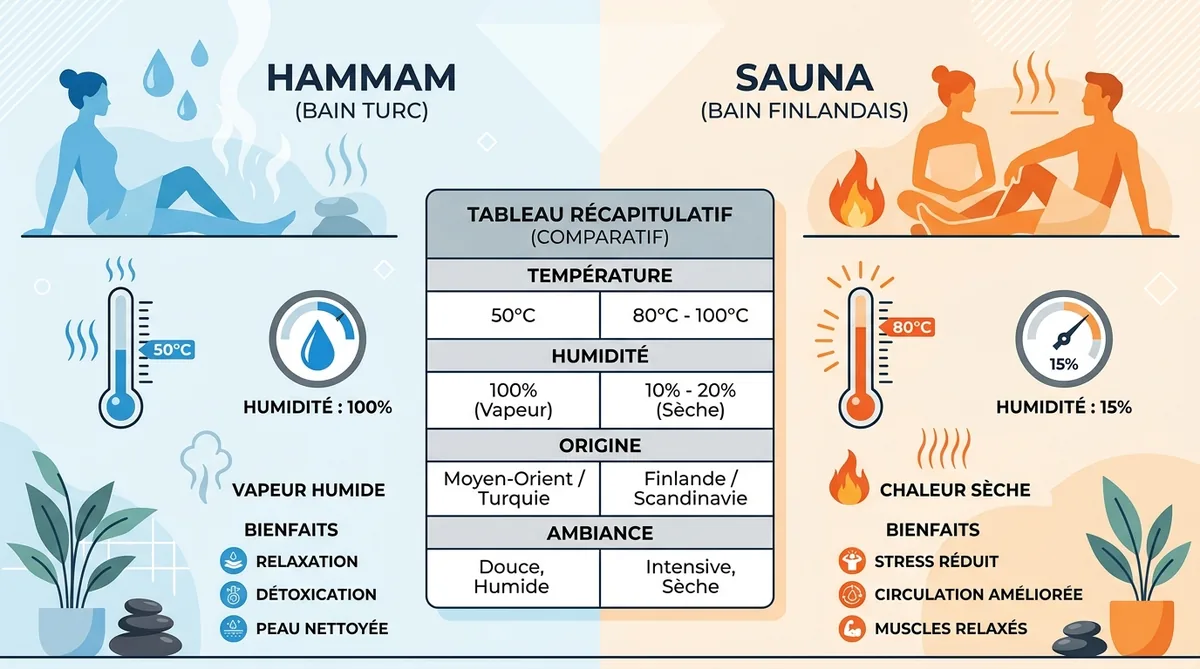 Infographie comparaison hammam vs sauna température humidité