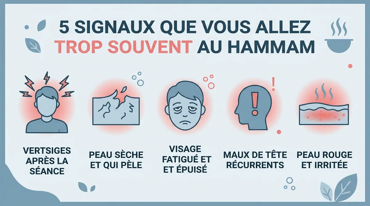 Infographie 5 signaux alerte hammam trop fréquent déshydratation vertiges peau irritée