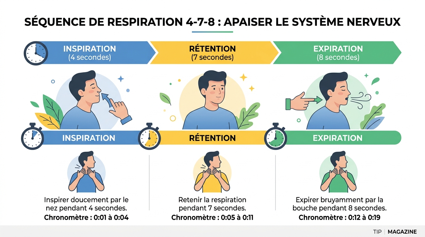 Infographie technique respiration 4-7-8 auto-massage nerf vague