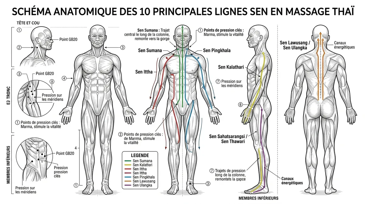 Schéma des lignes Sen massage thaï traditionnel