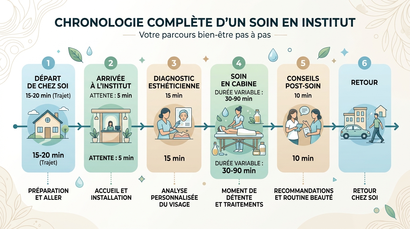 Timeline planning complet soin visage incluant déplacement diagnostic et soin