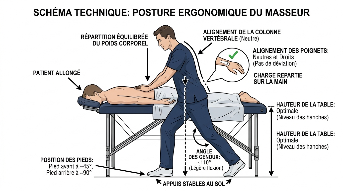 Schéma posture ergonomique massage dos position masseur