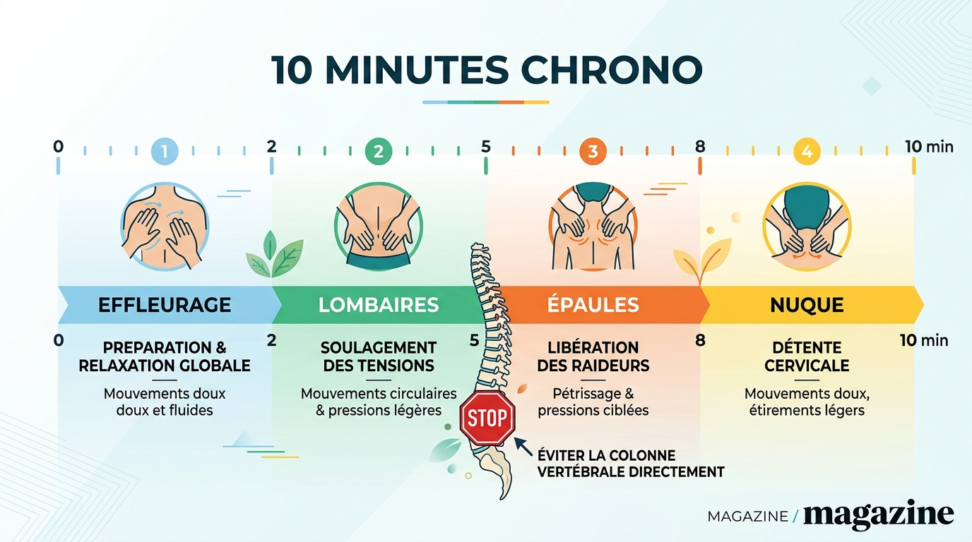 Infographie protocole massage dos 10 minutes chrono étapes