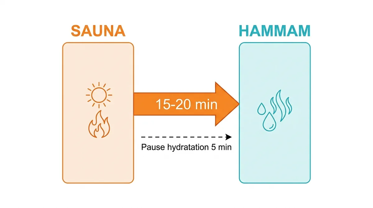 Schéma protocole sauna avant hammam avec temps de pause