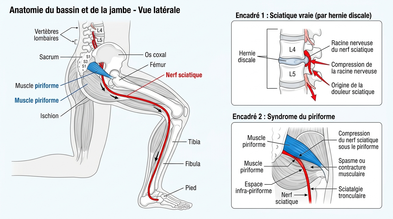 Schéma anatomique nerf sciatique et muscle piriforme avec distinction hernie discale