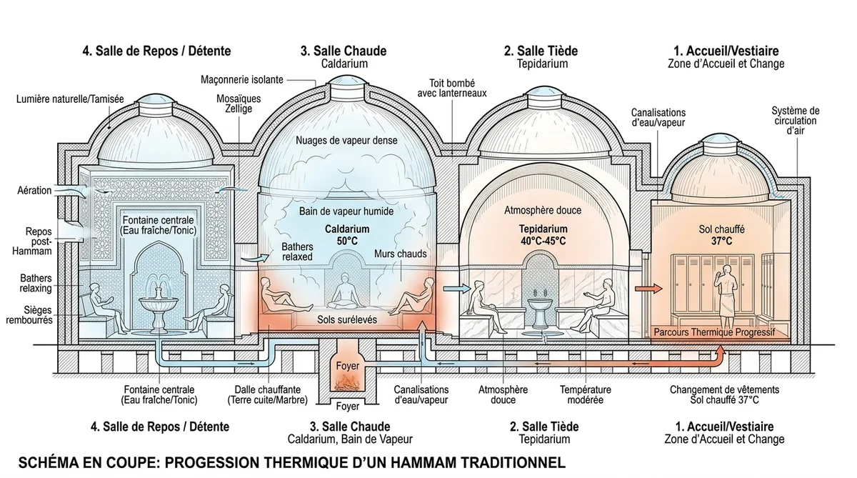 Schéma architecture hammam traditionnel 4 salles parcours thermique