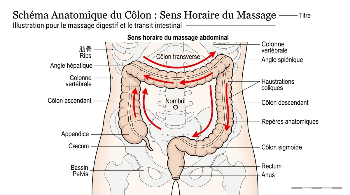 Schéma trajet côlon et sens massage abdominal horaire